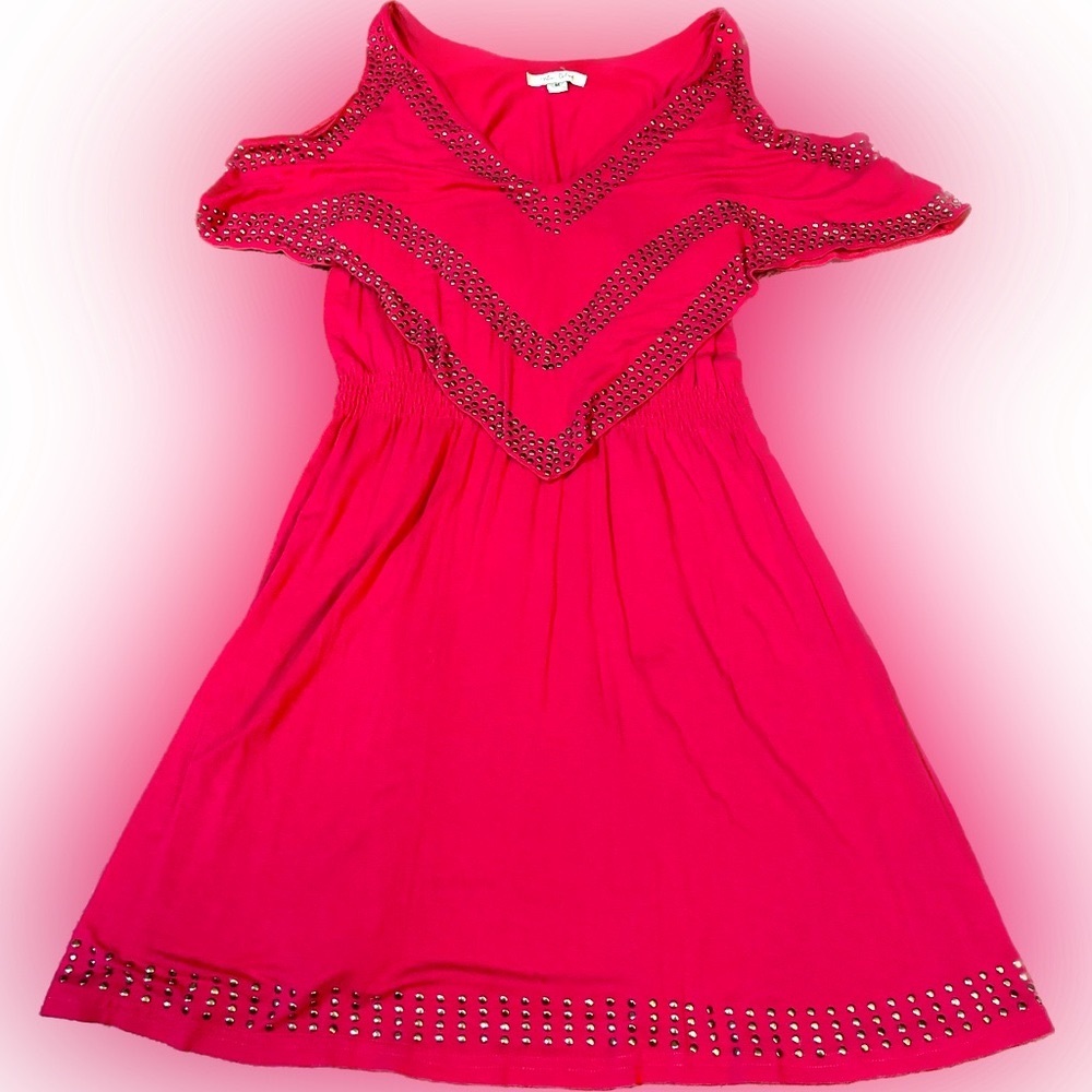 Blue Velvet pink cold shoulder dress bronze accents elastic waist size medium